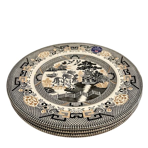 Royal Stafford Black Gold Asian Garden Willow Pagoda Dinner Plates Set of 4 New - Picture 4 of 16